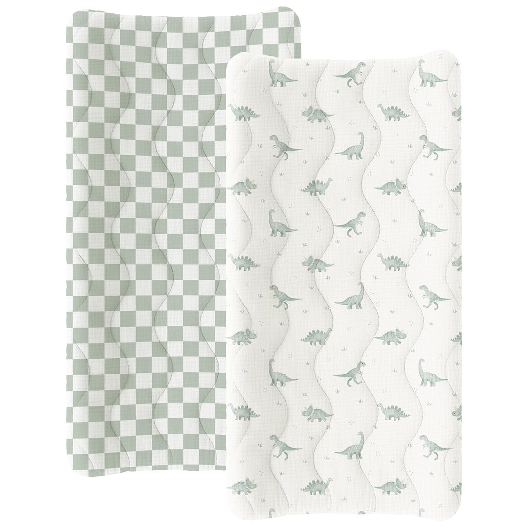 Konssy Waterproof Muslin Changing Pad Cover 2 Pack, 100% Cotton Quilted Diaper Changing Table Sheets, Soft Breathable Boho Nursery Bedding for Baby, Silent & Absorbent Standard Fit