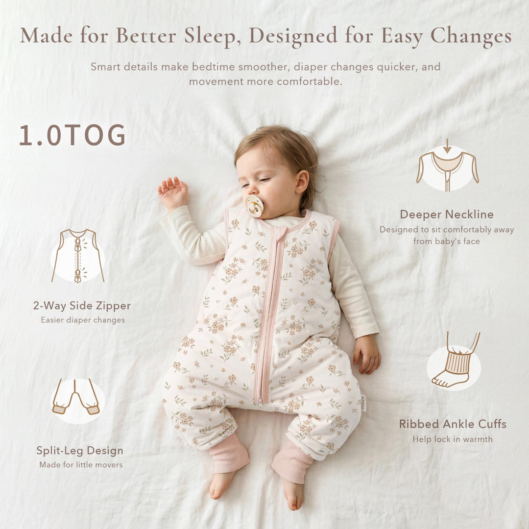 Konssy Toddler Sleep Sack with Legs, Rayon Made from Bamboo 1.0 TOG Quilted Wearable Blanket, 2-Way Zipper, Machine Washable