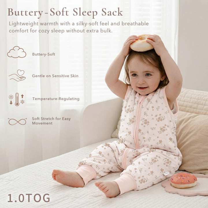 Konssy Toddler Sleep Sack with Legs, Rayon Made from Bamboo 1.0 TOG Quilted Wearable Blanket, 2-Way Zipper, Machine Washable