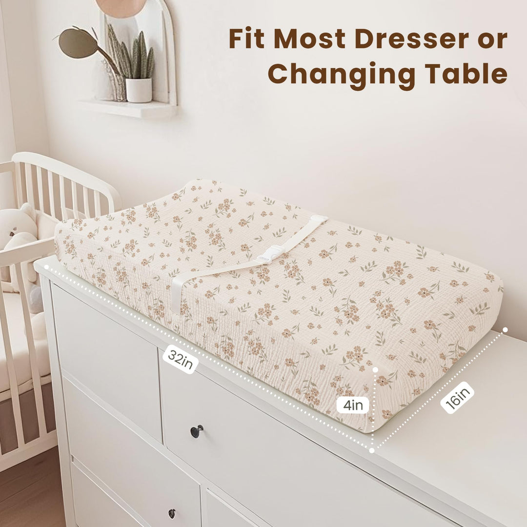 Konssy Muslin Changing Pad with Waterproof Lining Foam, Includes 2 Pack Soft & Cotton Cover
