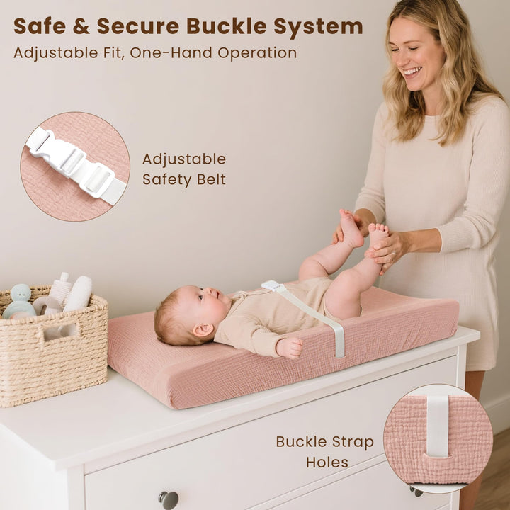 Konssy Muslin Changing Pad with Waterproof Lining Foam, Includes 2 Pack Soft & Cotton Cover