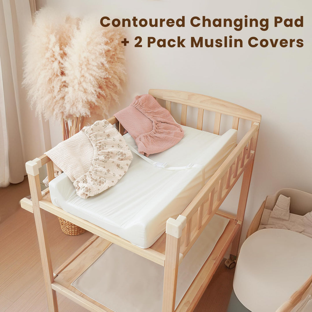 Konssy Muslin Changing Pad with Waterproof Lining Foam, Includes 2 Pack Soft & Cotton Cover