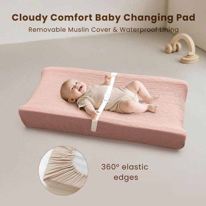 Konssy Muslin Changing Pad with Waterproof Lining Foam, Includes 2 Pack Soft & Cotton Cover