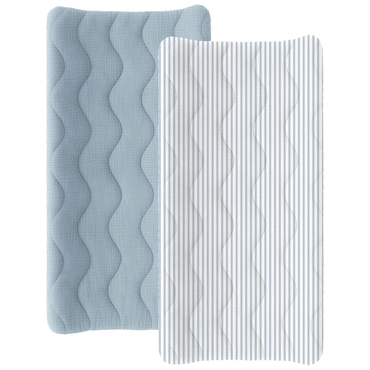 Konssy Waterproof Muslin Changing Pad Cover 2 Pack, 100% Cotton Quilted Diaper Changing Table Sheets, Soft Breathable Boho Nursery Bedding for Baby, Silent & Absorbent Standard Fit