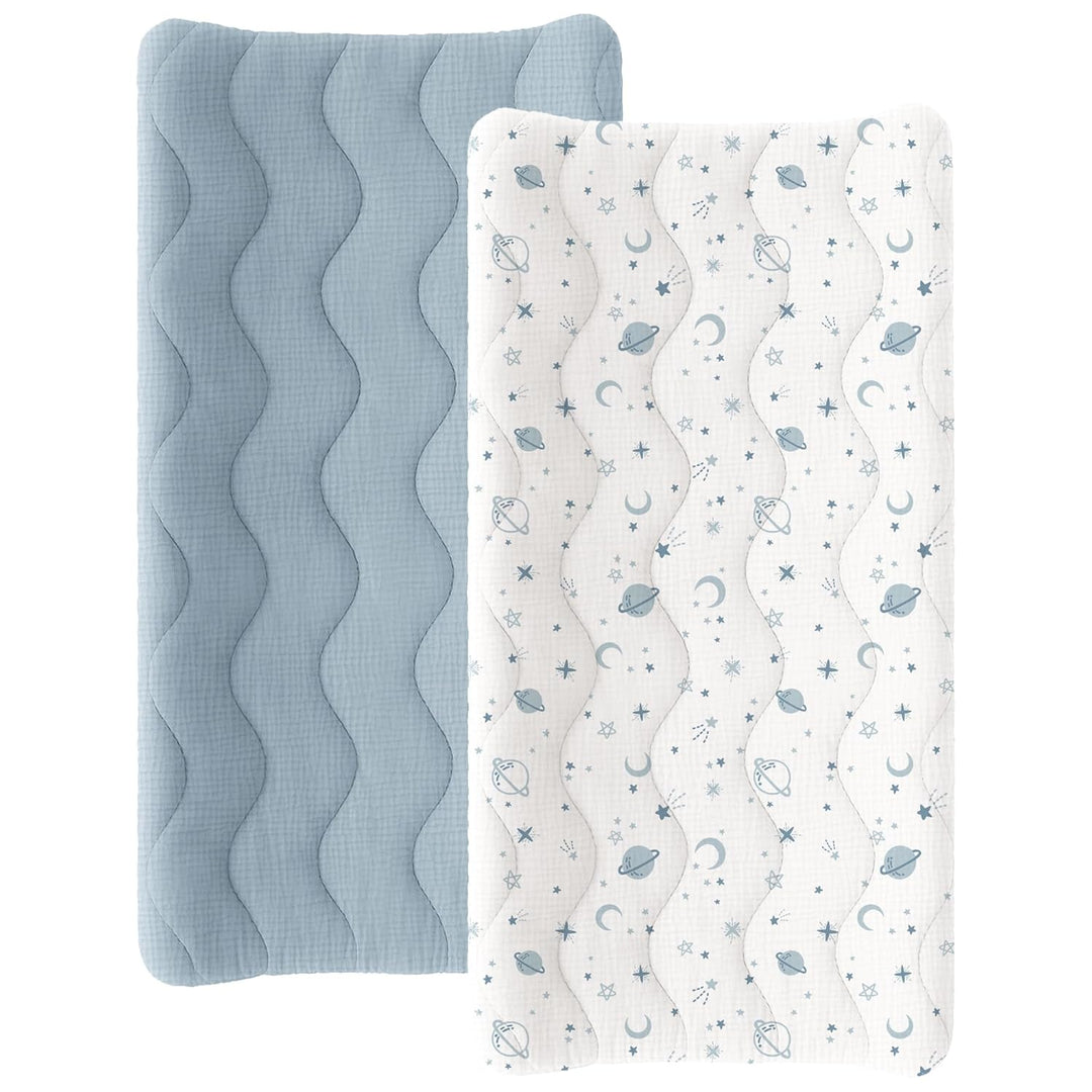 Konssy Waterproof Muslin Changing Pad Cover 2 Pack, 100% Cotton Quilted Diaper Changing Table Sheets, Soft Breathable Boho Nursery Bedding for Baby, Silent & Absorbent Standard Fit