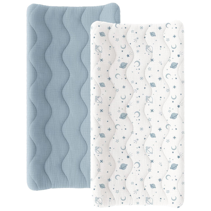 Konssy Waterproof Muslin Changing Pad Cover 2 Pack, 100% Cotton Quilted Diaper Changing Table Sheets, Soft Breathable Boho Nursery Bedding for Baby, Silent & Absorbent Standard Fit