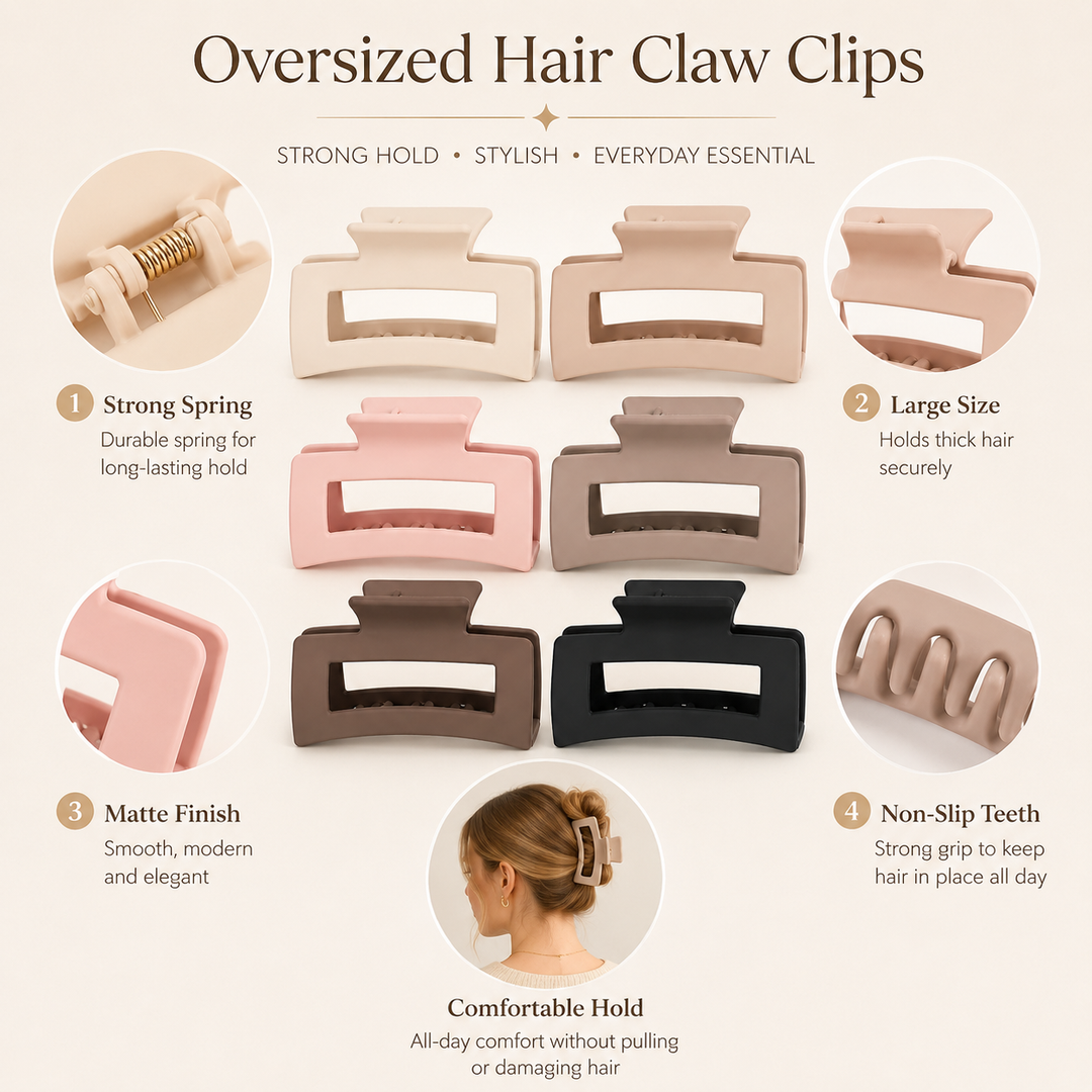 Konssy 6 Pack Large Hair Claw Clips for Women, Oversized Matte Jaw Clips with Strong Hold