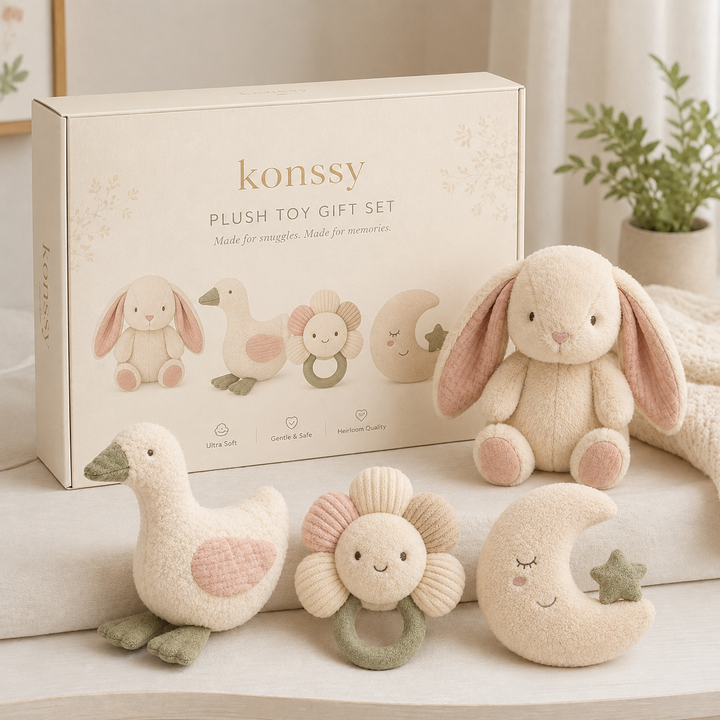 Konssy Baby Plush Toy Gift Set, 4 Piece Stuffed Animals for Nursery