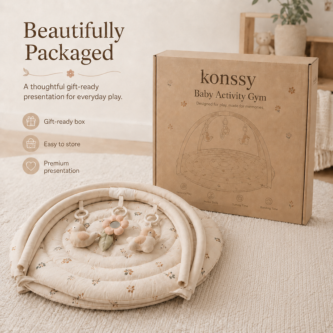 Konssy Baby Activity Gym with Soft Padded Play Mat, Infant Tummy Time Mat with Hanging Toys