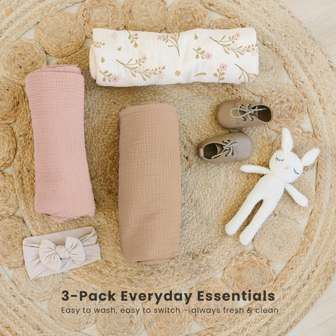 Konssy 3 Pack Muslin Swaddle Blankets for Unisex, Newborn Receiving Blanket, Large 47 x 47 inches, Soft Breathable Muslin Baby Swaddles for Boys & Girls