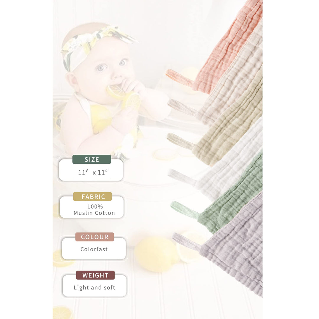 Konssy 6 Pack Baby Muslin Washcloths for Unisex 100% Cotton Wash Cloth Set for Baby Face Body Comfy and Soft for Newborn Infants Kids Girls and Boys