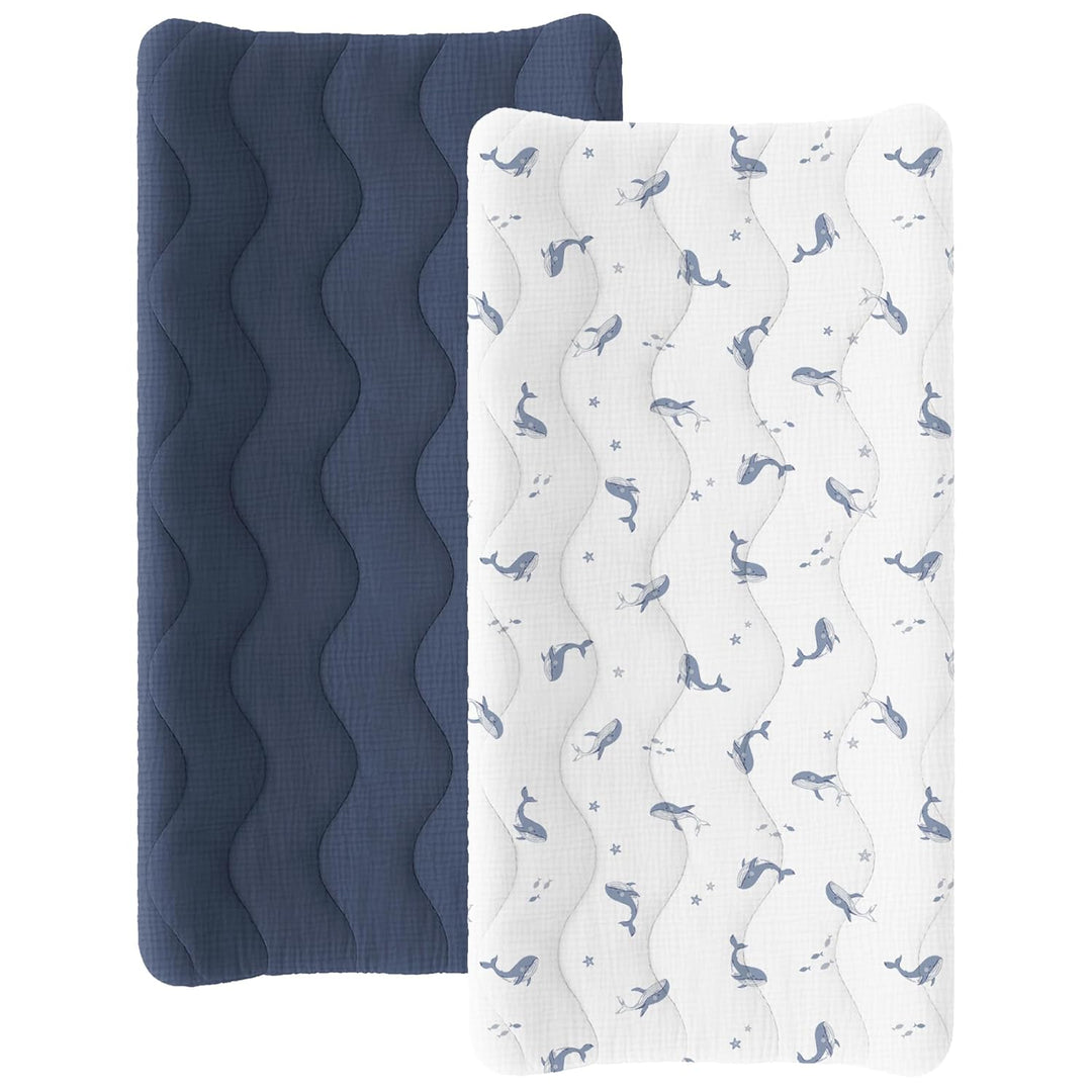 Konssy Waterproof Muslin Changing Pad Cover 2 Pack, 100% Cotton Quilted Diaper Changing Table Sheets, Soft Breathable Boho Nursery Bedding for Baby, Silent & Absorbent Standard Fit