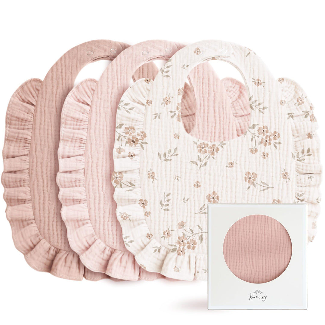 Konssy Muslin Baby Bibs for Girls – Soft 100% Cotton Drool Bibs, Ruffle Trim for Newborns & Toddlers 0-36 Months 3-Pack