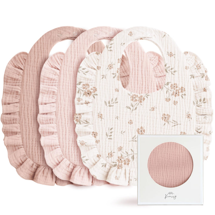 Konssy Muslin Baby Bibs for Girls – Soft 100% Cotton Drool Bibs, Ruffle Trim for Newborns & Toddlers 0-36 Months 3-Pack