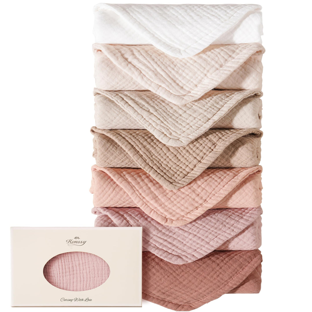 Konssy Muslin Baby Burp Cloths Sets for Unisex- 7 Pack Soft 100% Cotton Burping Clothes for Newborn，Baby Girls and Boys