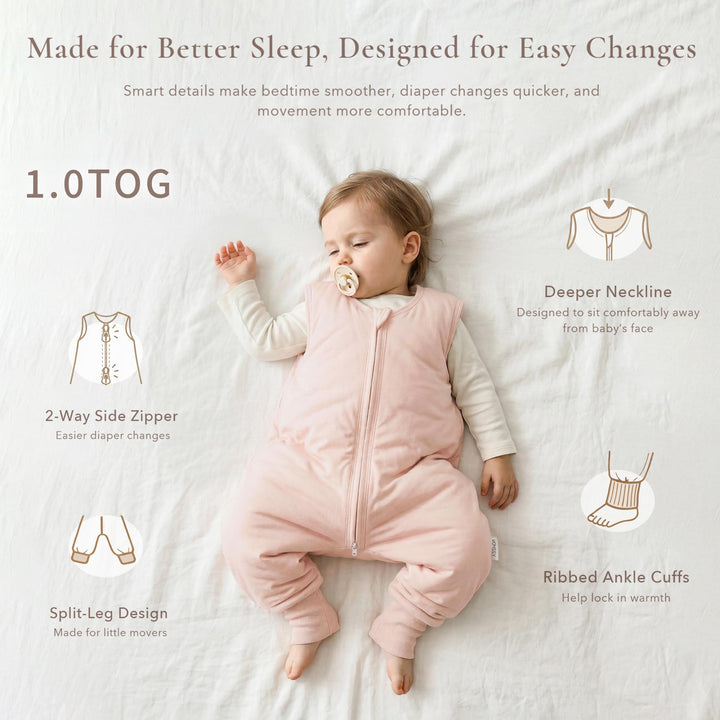 Konssy Toddler Sleep Sack with Legs, Rayon Made from Bamboo 1.0 TOG Quilted Wearable Blanket, 2-Way Zipper, Machine Washable