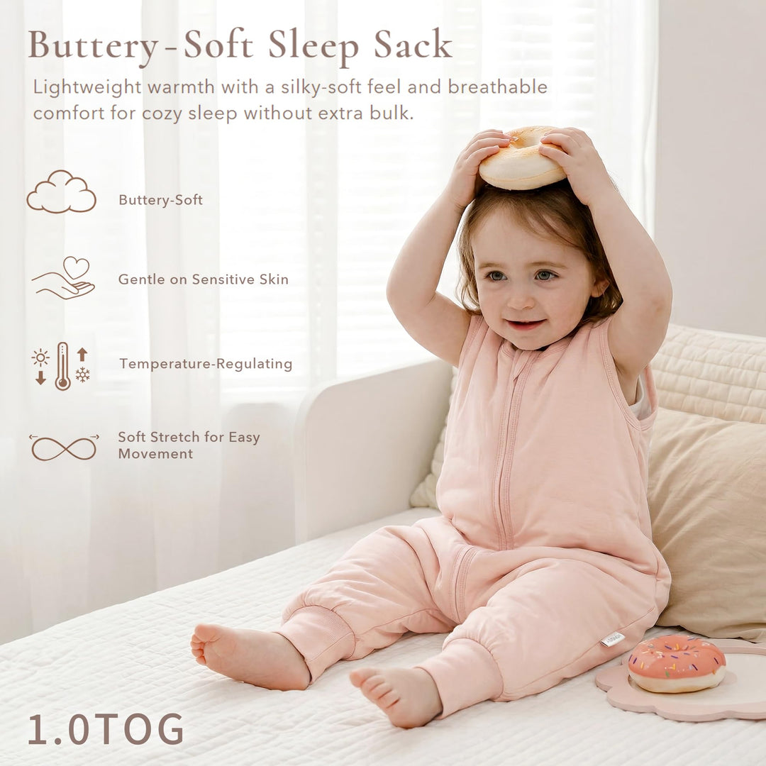 Konssy Toddler Sleep Sack with Legs, Rayon Made from Bamboo 1.0 TOG Quilted Wearable Blanket, 2-Way Zipper, Machine Washable