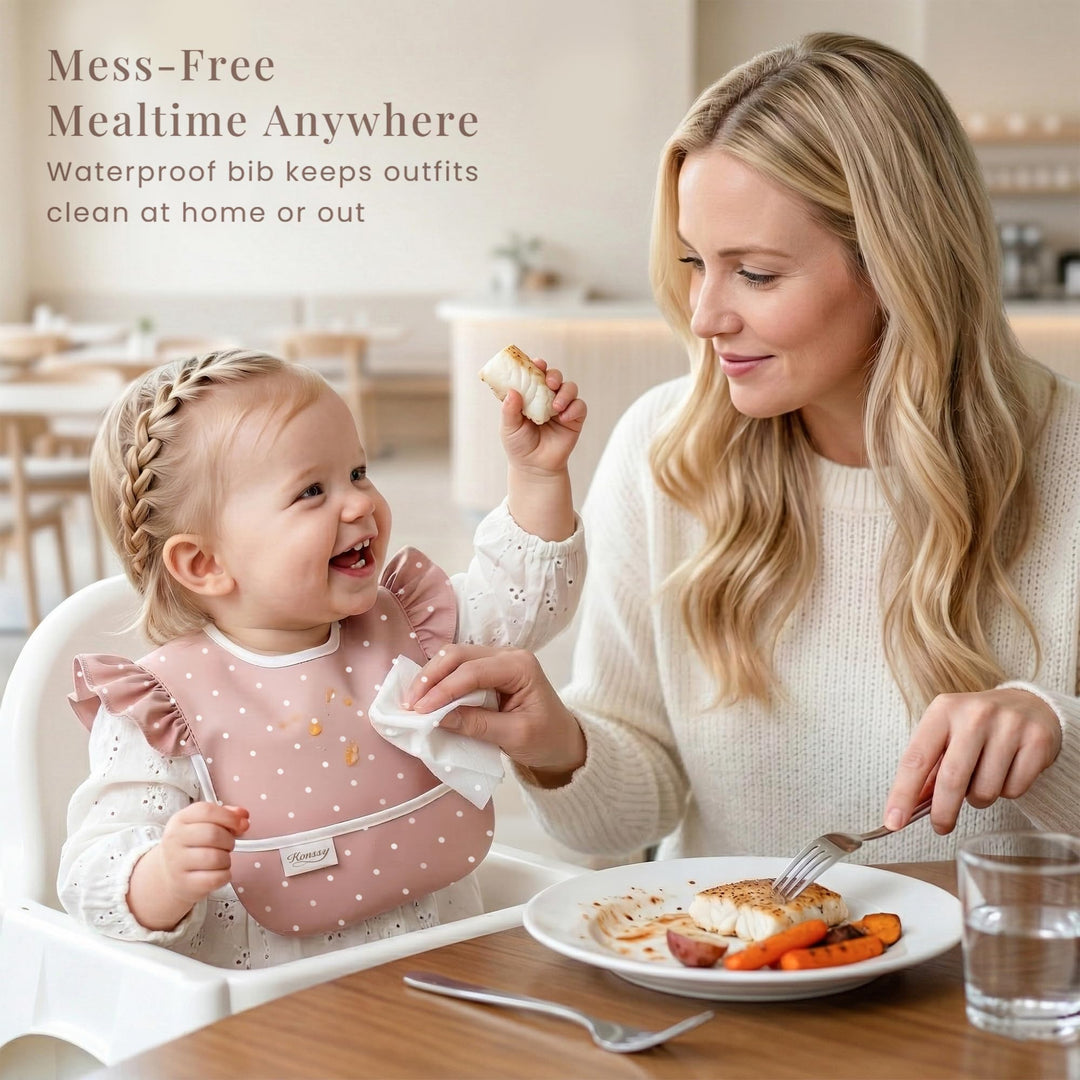Konssy 3-Pack Waterproof Baby Bibs for Eating, Wipeable Toddler Ruffle Feeding Bibs with Catch-All Pocket for Girls Boys
