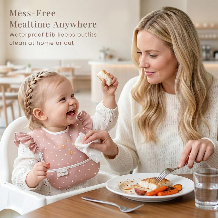 Konssy 3-Pack Waterproof Baby Bibs for Eating, Wipeable Toddler Ruffle Feeding Bibs with Catch-All Pocket for Girls Boys