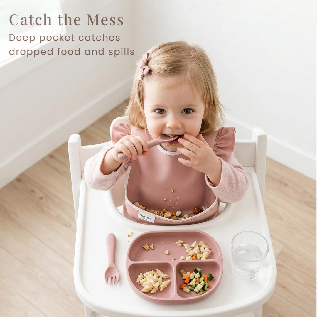 Konssy 3-Pack Waterproof Baby Bibs for Eating, Wipeable Toddler Ruffle Feeding Bibs with Catch-All Pocket for Girls Boys