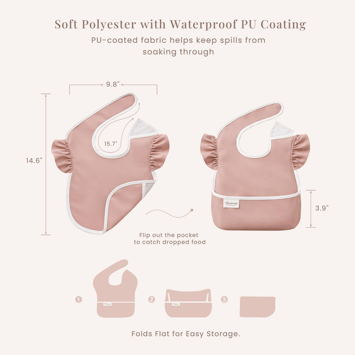 Konssy 3-Pack Waterproof Baby Bibs for Eating, Wipeable Toddler Ruffle Feeding Bibs with Catch-All Pocket for Girls Boys