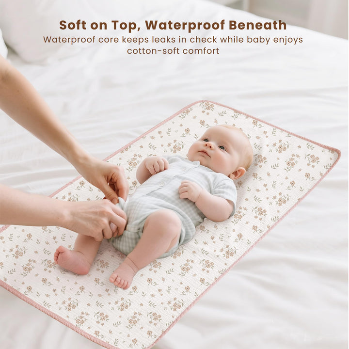 Konssy 2 Pack Waterproof Muslin Cotton Portable Changing Pad 30"x 17", Soft & Foldable Baby Changing Mat Travel Pad with Terry Backing, Shower Gift for Newborn Girls Boys