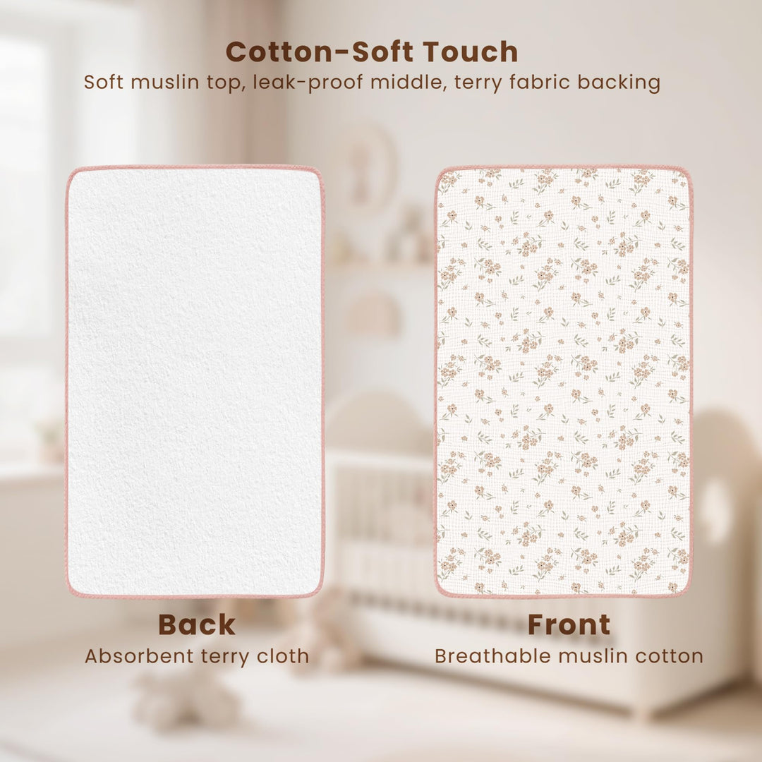 Konssy 2 Pack Waterproof Muslin Cotton Portable Changing Pad 30"x 17", Soft & Foldable Baby Changing Mat Travel Pad with Terry Backing, Shower Gift for Newborn Girls Boys