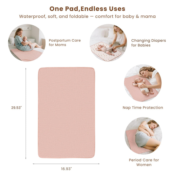 Konssy 2 Pack Waterproof Muslin Cotton Portable Changing Pad 30"x 17", Soft & Foldable Baby Changing Mat Travel Pad with Terry Backing, Shower Gift for Newborn Girls Boys