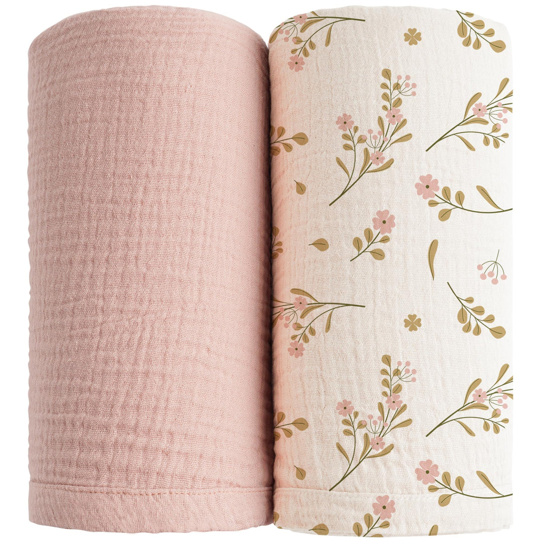 Konssy Muslin Swaddle Blankets for Newborn Baby Girls and Boys, 2 Pack Soft Breathable Baby Receiving Blankets , 47" x 47" (Pink, Floral)