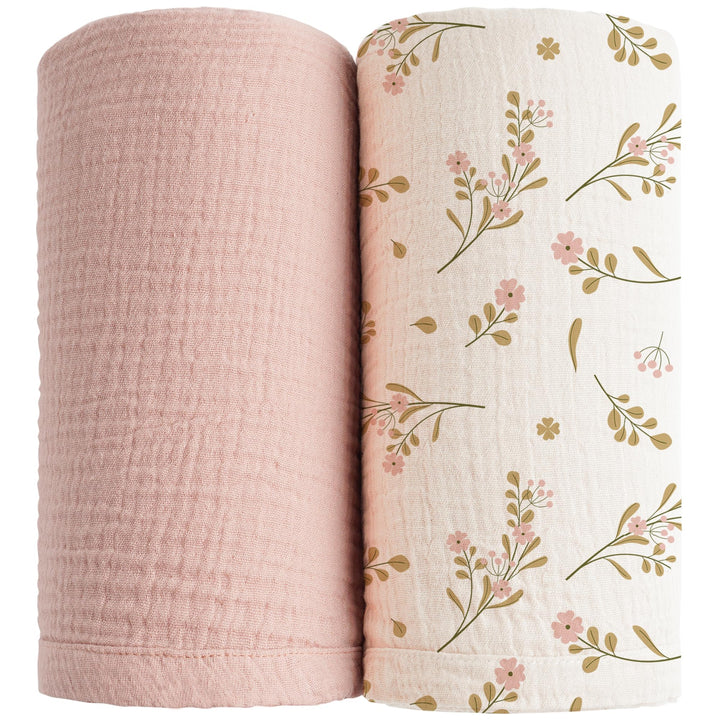 Konssy Muslin Swaddle Blankets for Newborn Baby Girls and Boys, 2 Pack Soft Breathable Baby Receiving Blankets , 47" x 47" (Pink, Floral)