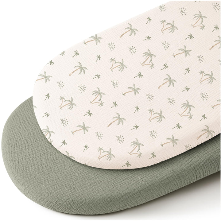 stokke bassinet sheets Konssy Muslin Fitted Bassinet Sheets 2 Pack for Baby Girl Boy, Soft Bedside Sleeper Bassinet Sheets Fit for Baby Bassinets, Moses Basket Oval
