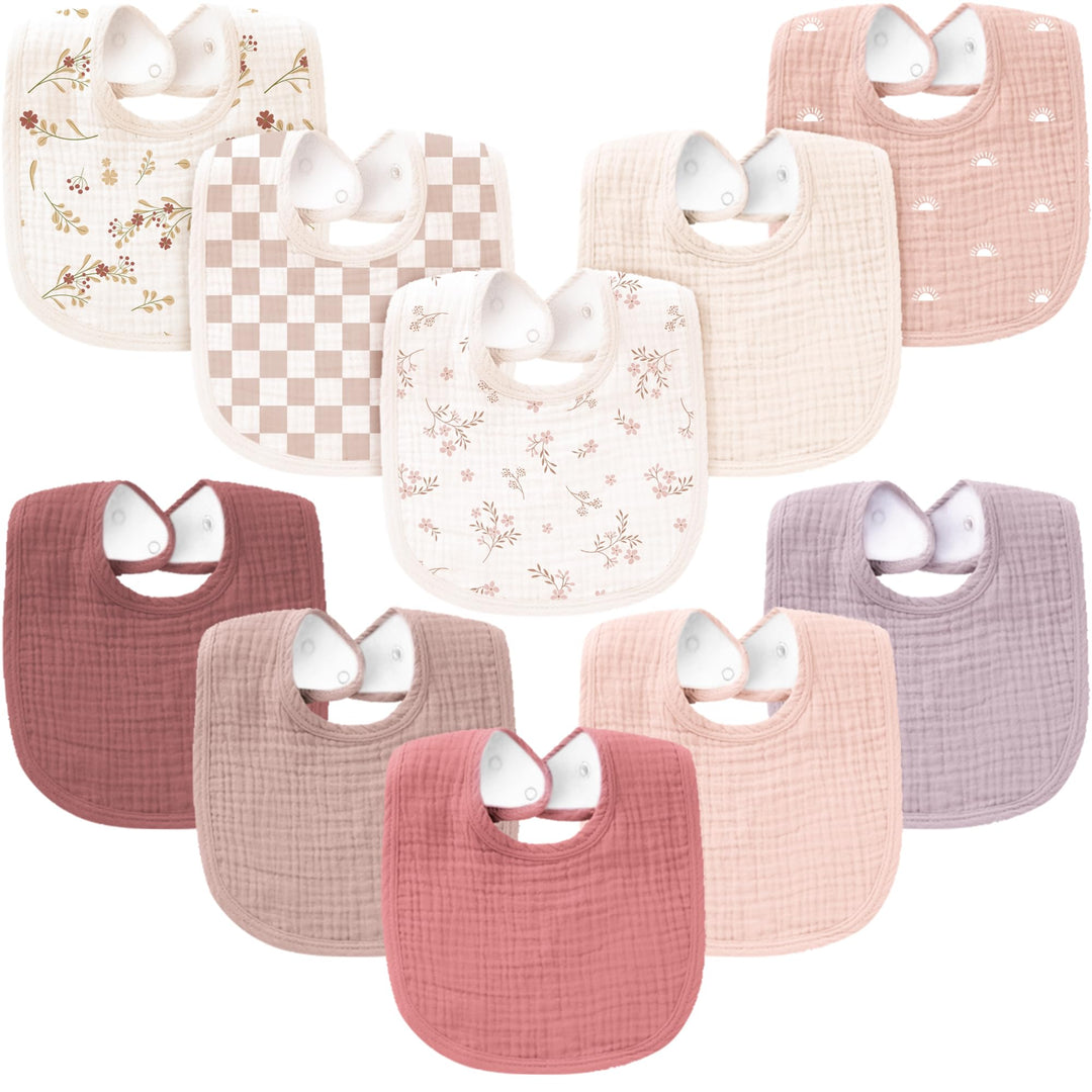 Konssy 10-Pack Muslin Baby Bibs, Soft Cotton Bandana Bibs for Drooling & Teething