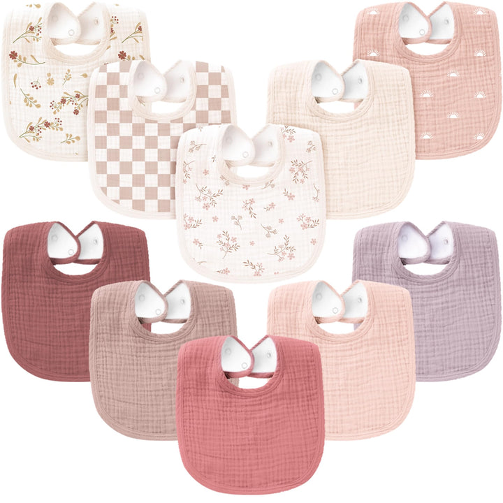 Konssy 10-Pack Muslin Baby Bibs, Soft Cotton Bandana Bibs for Drooling & Teething