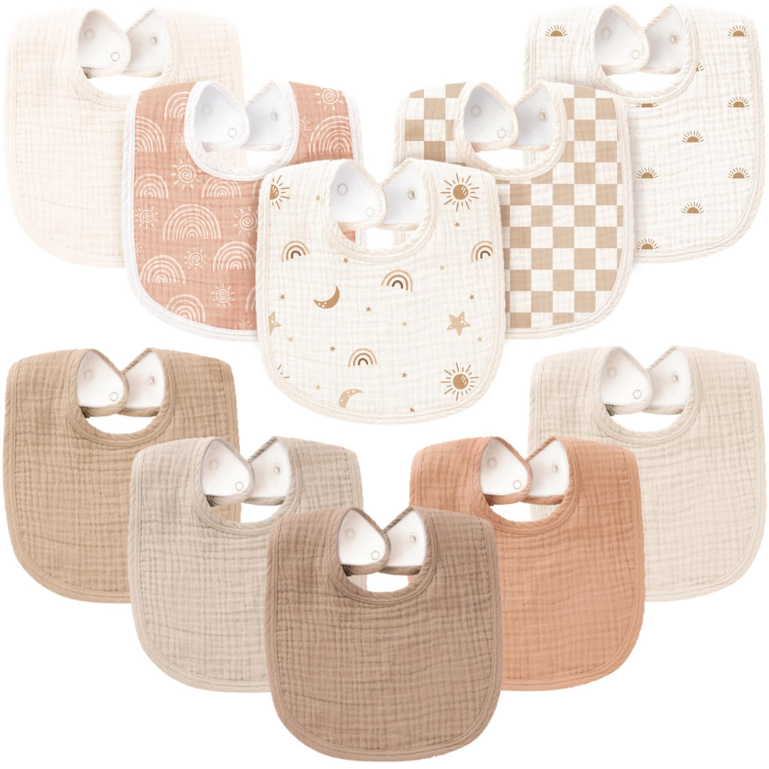 Konssy 10-Pack Muslin Baby Bibs, Soft Cotton Bandana Bibs for Drooling & Teething