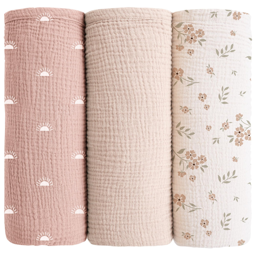 Konssy Muslin Swaddle Blankets for Baby Girls Boys, 3 Pack Receiving Blanket Large 47 x 47 inches