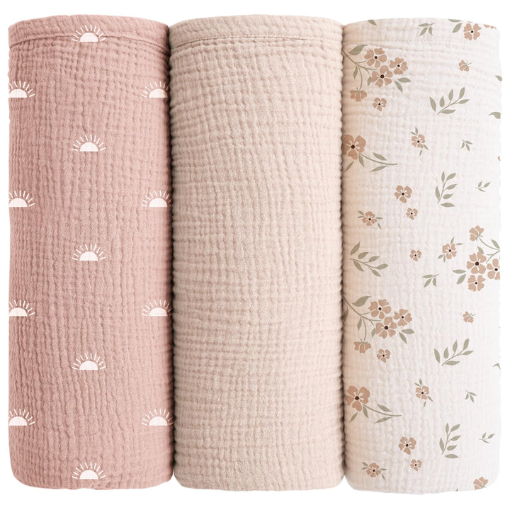 Konssy Muslin Swaddle Blankets for Baby Girls Boys, 3 Pack Receiving Blanket Large 47 x 47 inches