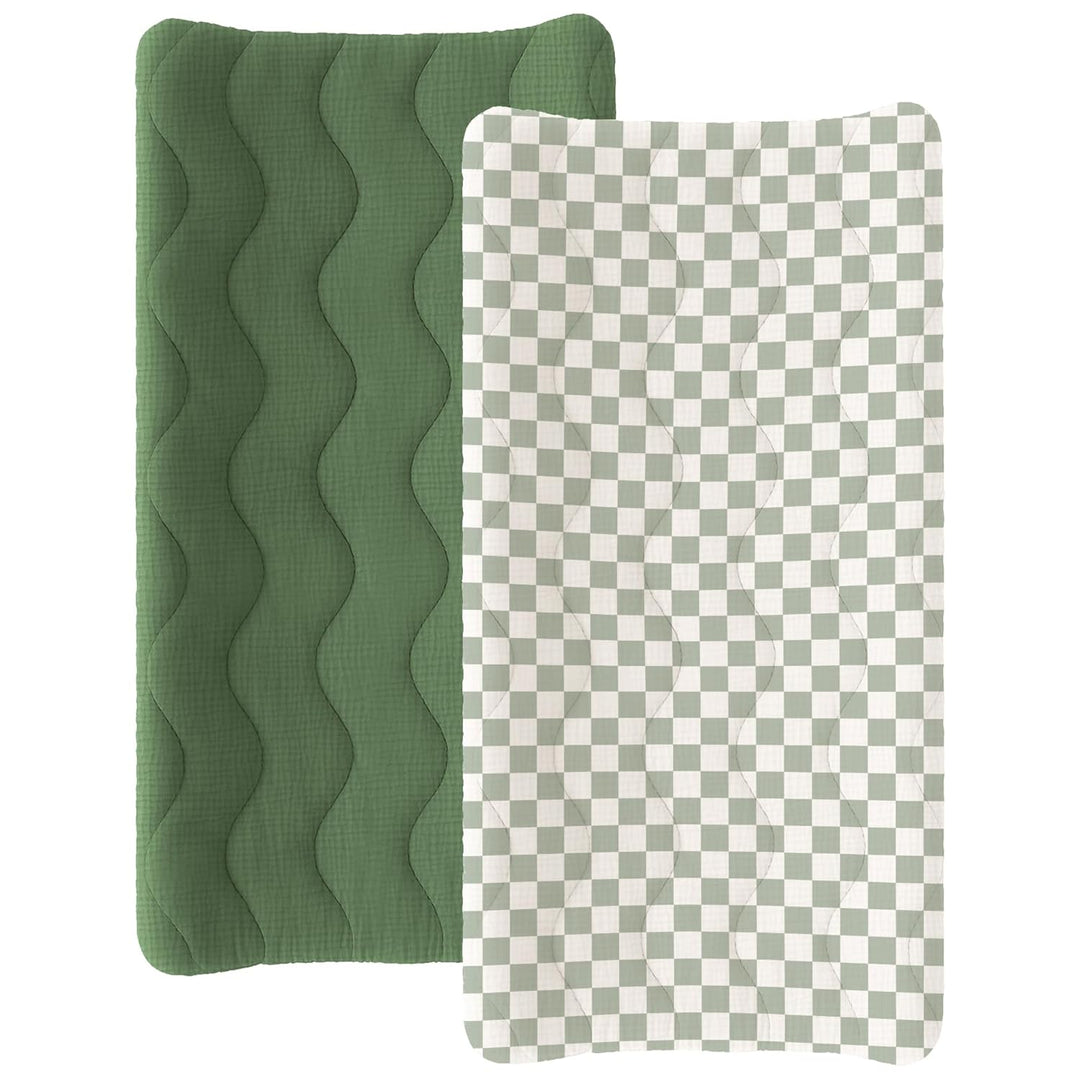 Konssy Waterproof Muslin Changing Pad Cover 2 Pack, 100% Cotton Quilted Diaper Changing Table Sheets, Soft Breathable Boho Nursery Bedding for Baby, Silent & Absorbent Standard Fit