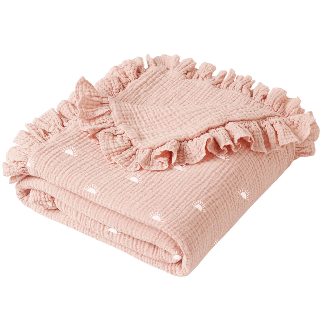Konssy Flounce Muslin Baby Blanket for Girls Boys, 100% Cotton Soft Crib Swaddle Blankets, Reversible & Breathable Nursery Bedding for Newborns Toddlers, 43x39 Inches (Sun)