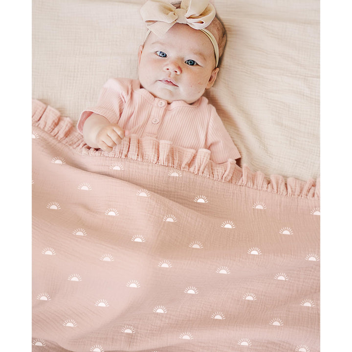 Konssy Flounce Muslin Baby Blanket for Girls Boys, 100% Cotton Soft Crib Swaddle Blankets, Reversible & Breathable Nursery Bedding for Newborns Toddlers, 43x39 Inches (Sun)