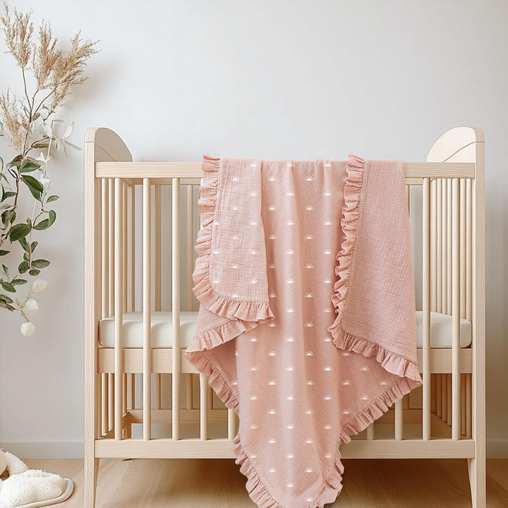 Konssy Flounce Muslin Baby Blanket for Girls Boys, 100% Cotton Soft Crib Swaddle Blankets, Reversible & Breathable Nursery Bedding for Newborns Toddlers, 43x39 Inches (Sun)