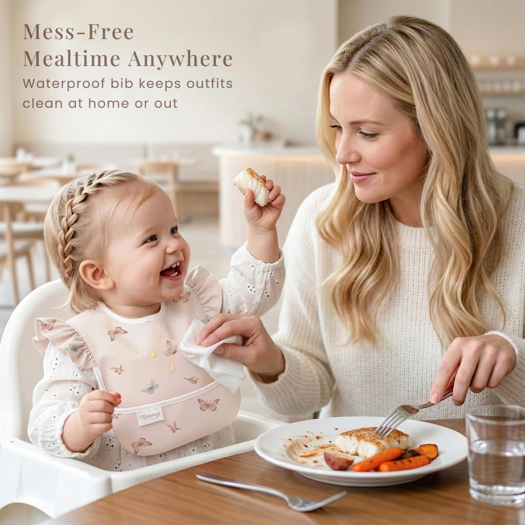 Konssy 3-Pack Waterproof Baby Bibs for Eating, Wipeable Toddler Ruffle Feeding Bibs with Catch-All Pocket for Girls Boys