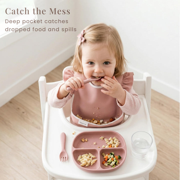Konssy 3-Pack Waterproof Baby Bibs for Eating, Wipeable Toddler Ruffle Feeding Bibs with Catch-All Pocket for Girls Boys