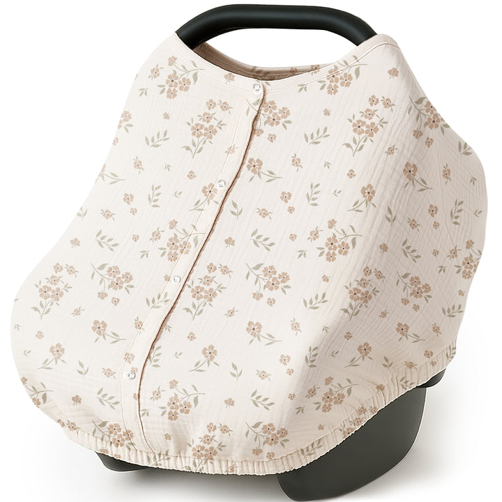 Konssy Car Seat Cover for Baby, Muslin Cotton Button Open Stroller Canopy for Babies Shower Gifts and Registry Search, Breathable Infant Sunshade Cover, Must Have for Unisex Boys and Girls