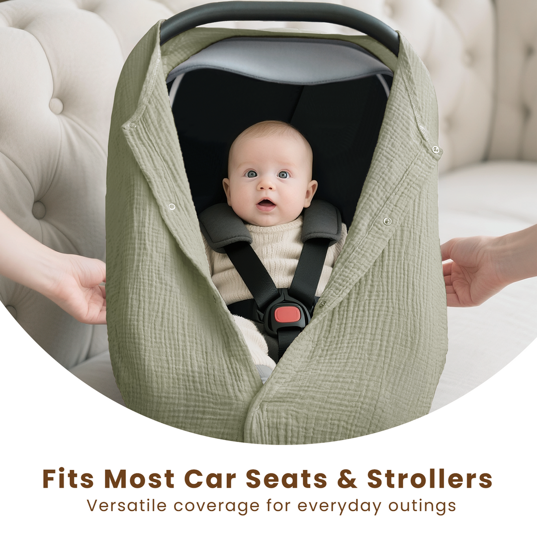 Konssy Car Seat Cover for Baby, Muslin Cotton Button Open Stroller Canopy for Babies Shower Gifts and Registry Search, Breathable Infant Sunshade Cover, Must Have for Unisex Boys and Girls