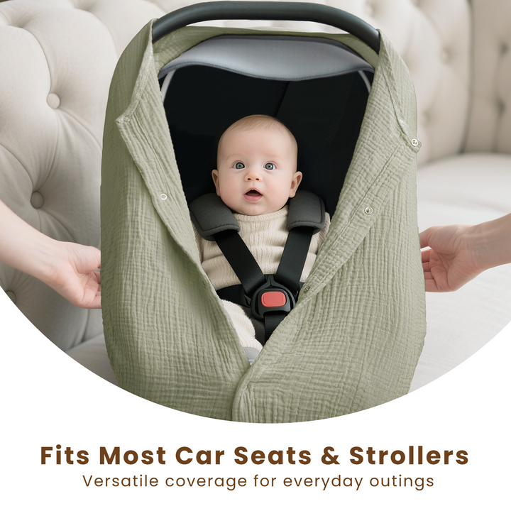 Konssy Car Seat Cover for Baby, Muslin Cotton Button Open Stroller Canopy for Babies Shower Gifts and Registry Search, Breathable Infant Sunshade Cover, Must Have for Unisex Boys and Girls