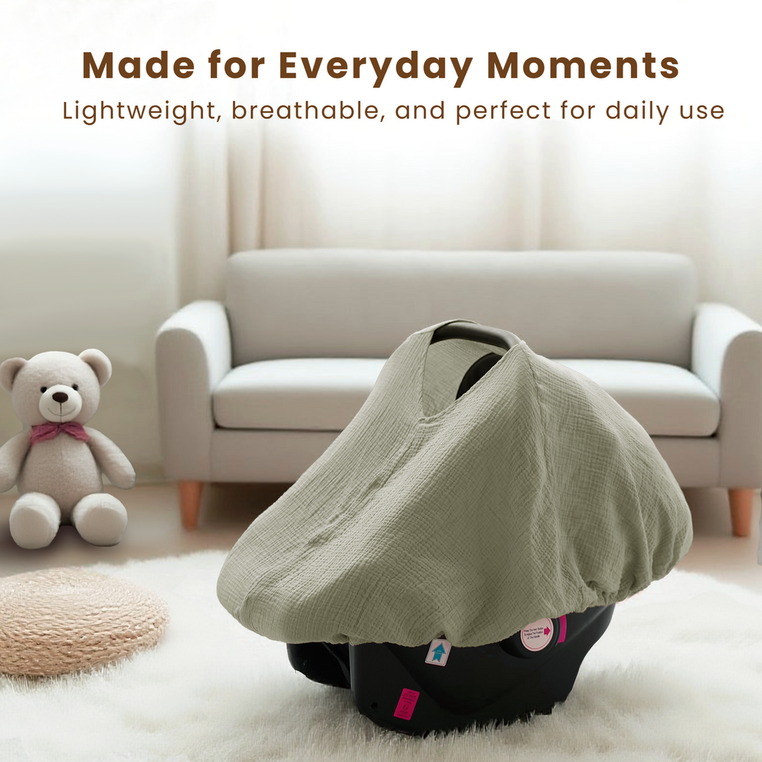 Konssy Car Seat Cover for Baby, Muslin Cotton Button Open Stroller Canopy for Babies Shower Gifts and Registry Search, Breathable Infant Sunshade Cover, Must Have for Unisex Boys and Girls