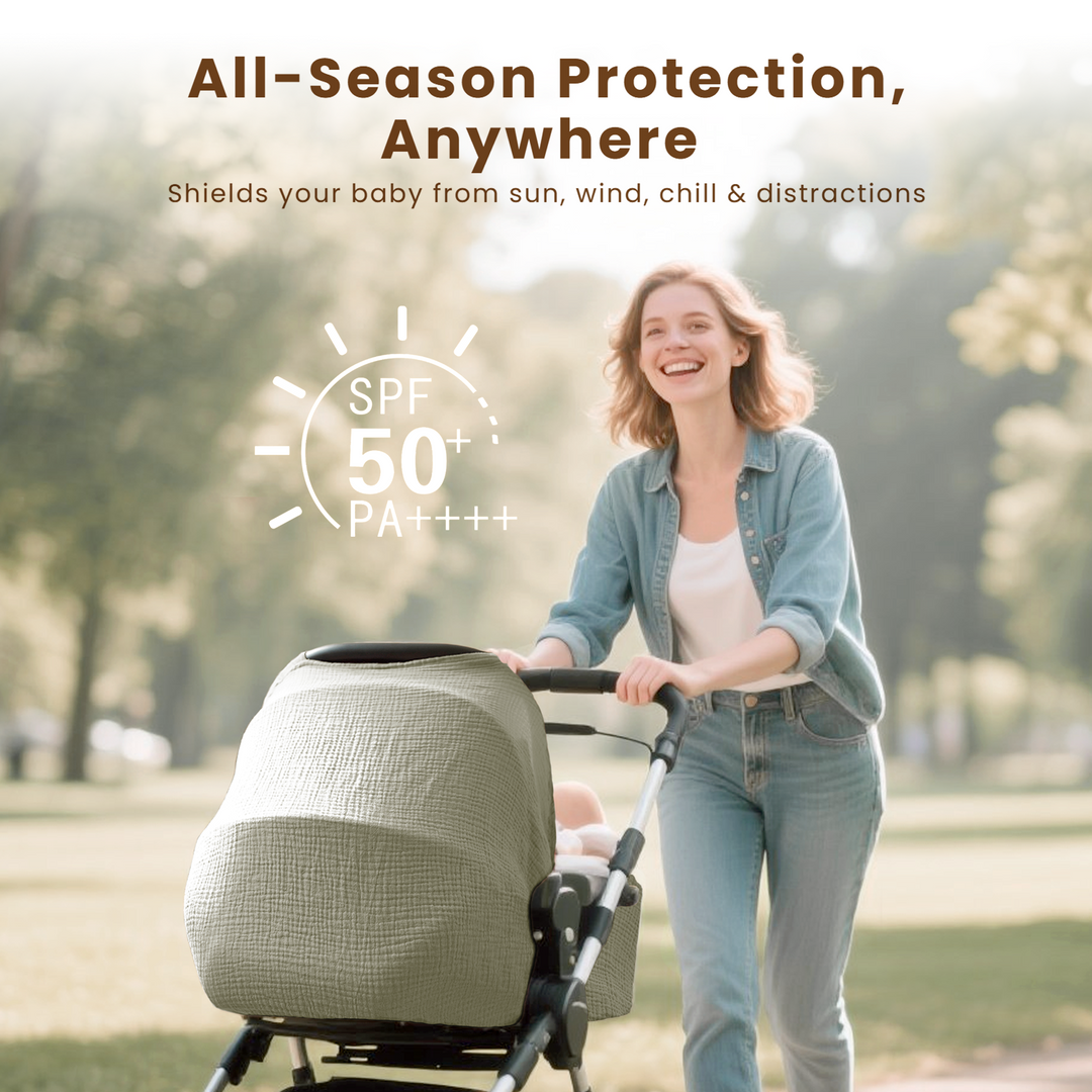 Konssy Car Seat Cover for Baby, Muslin Cotton Button Open Stroller Canopy for Babies Shower Gifts and Registry Search, Breathable Infant Sunshade Cover, Must Have for Unisex Boys and Girls
