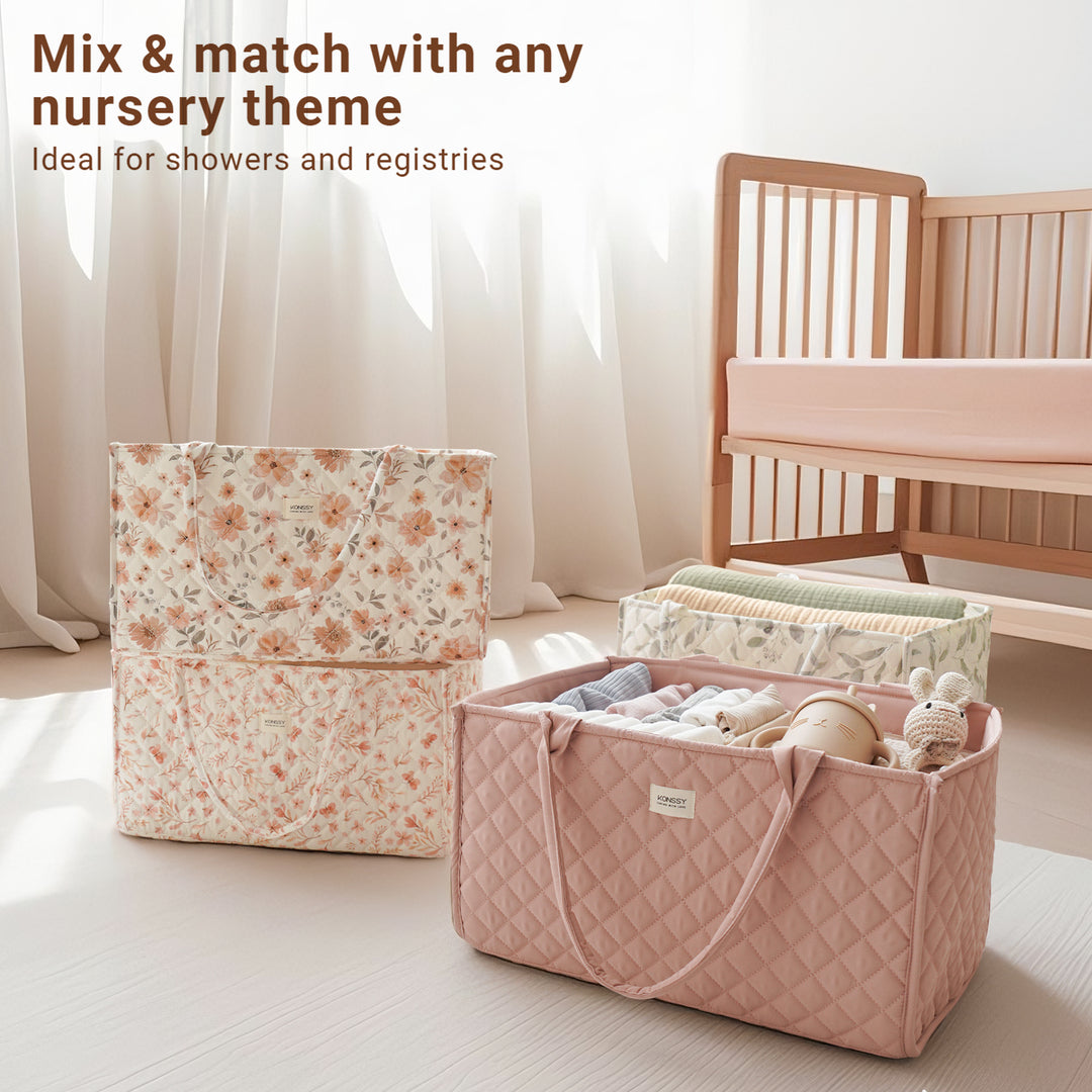 Konssy Diaper Caddy Organizer, Newborn Baby Essentials Gift for Baby Shower and Registry, Portable Nursey Basket Travel Diaper Tote Bag, Must Haves for Girls and Boys