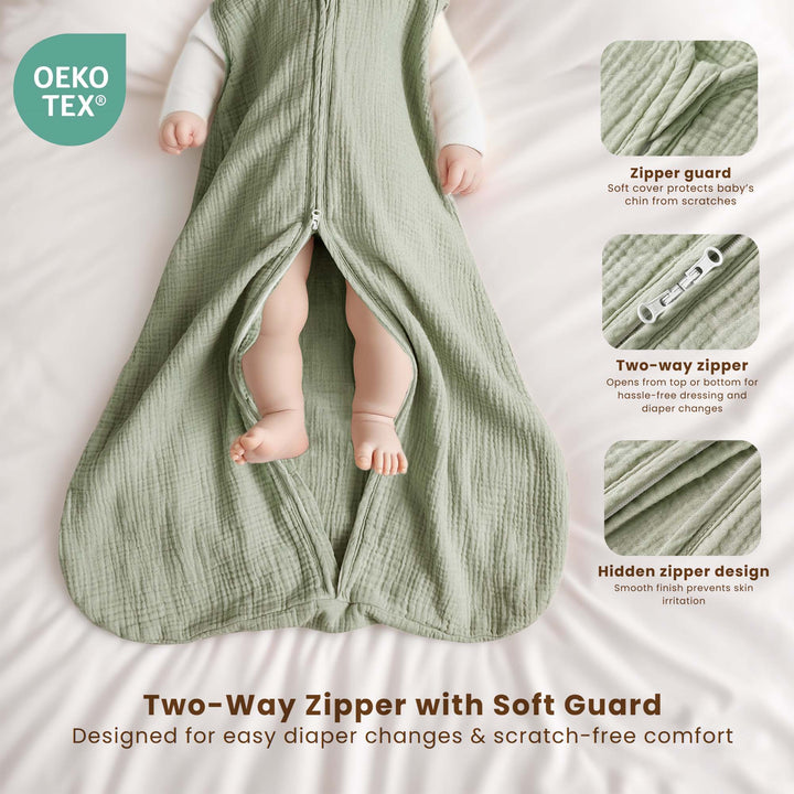 KONSSY 2-Pack Baby Sleep Sack 0.7 TOG, 100% Muslin Cotton Wearable Blanket for Babies 0–12 Months