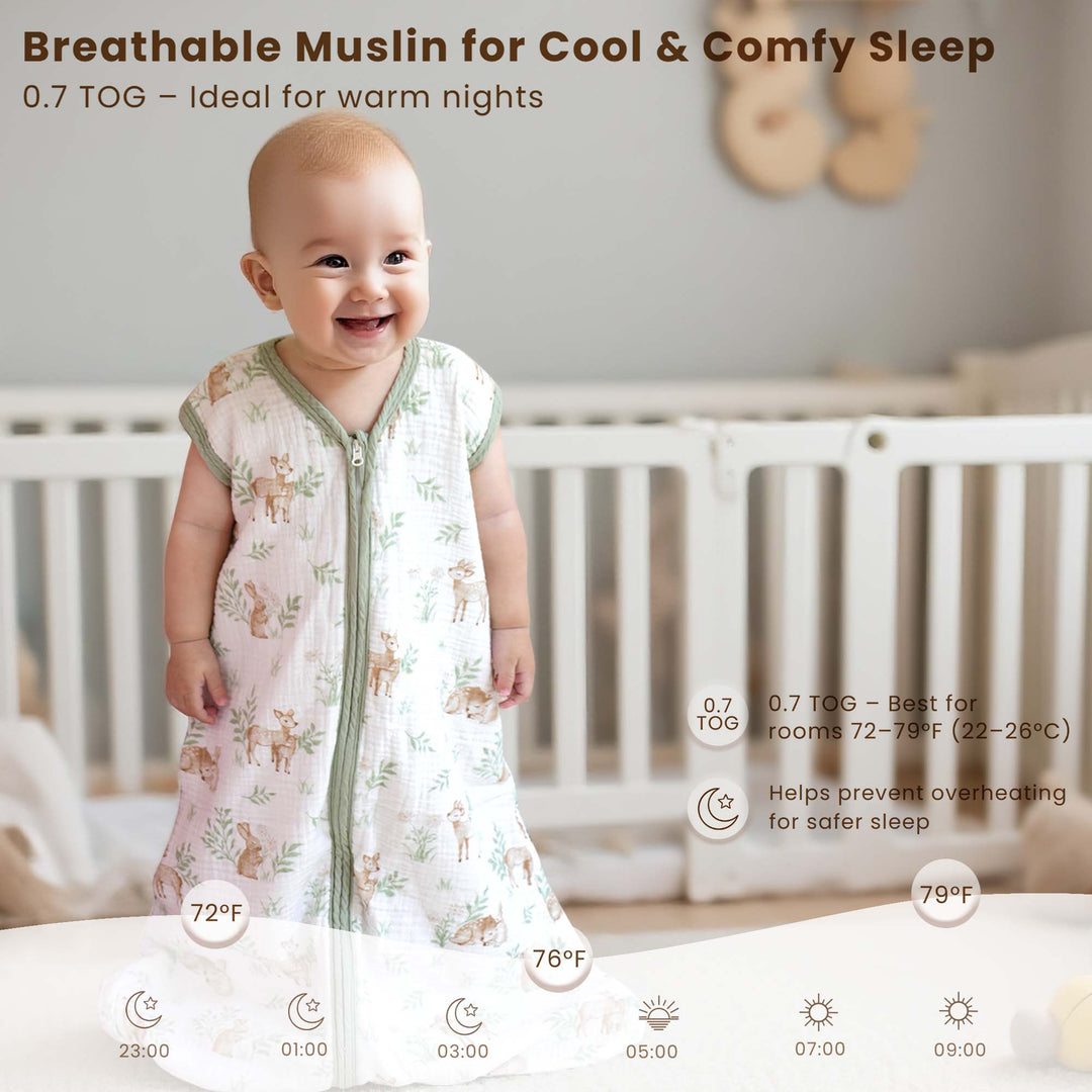 KONSSY 2-Pack Baby Sleep Sack 0.7 TOG, 100% Muslin Cotton Wearable Blanket for Babies 0–12 Months